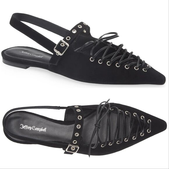 Jeffrey Campbell Geralt Pointed Toe Slingback Corset Flats 8.5 Black Suede NEW - Picture 1 of 12